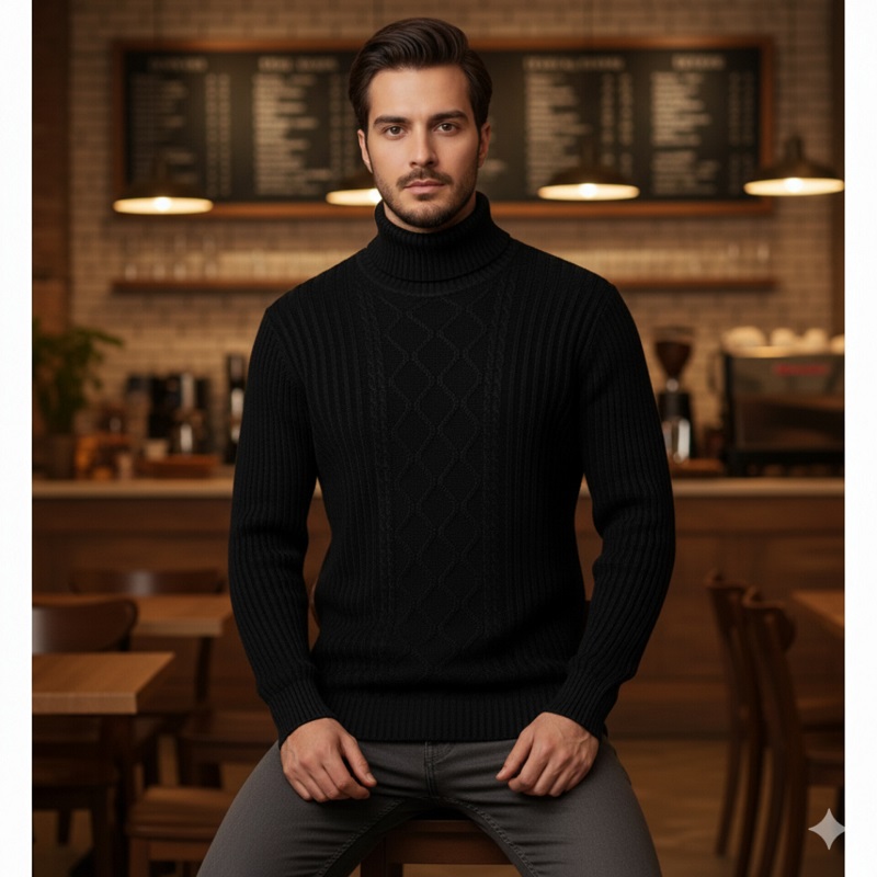 پلیوربافت مردانه مشکی یقه اسکی مدل Hakan