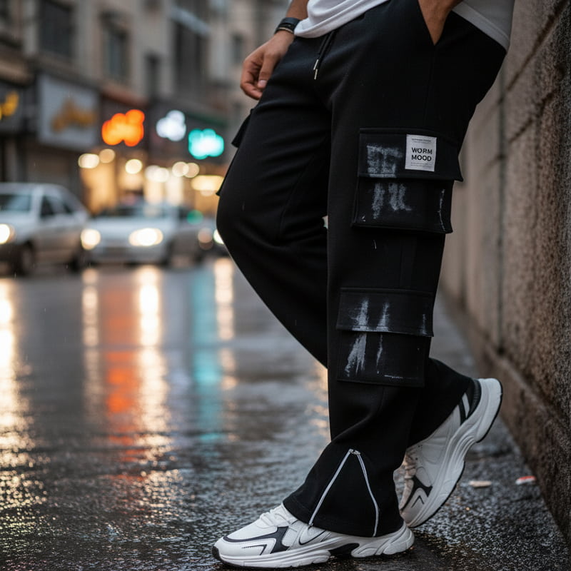 شلوار کارگو شش جیب پایین زیپ مدل sami-مشکی